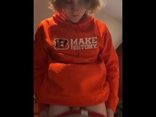 Long haired twink pulls out monster cock